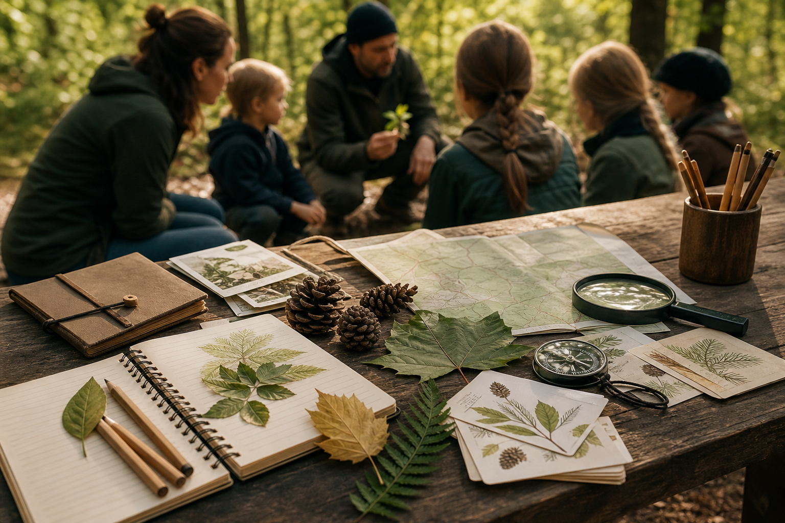 Naturkundematerial, Notizen und Karte auf einem Holztisch