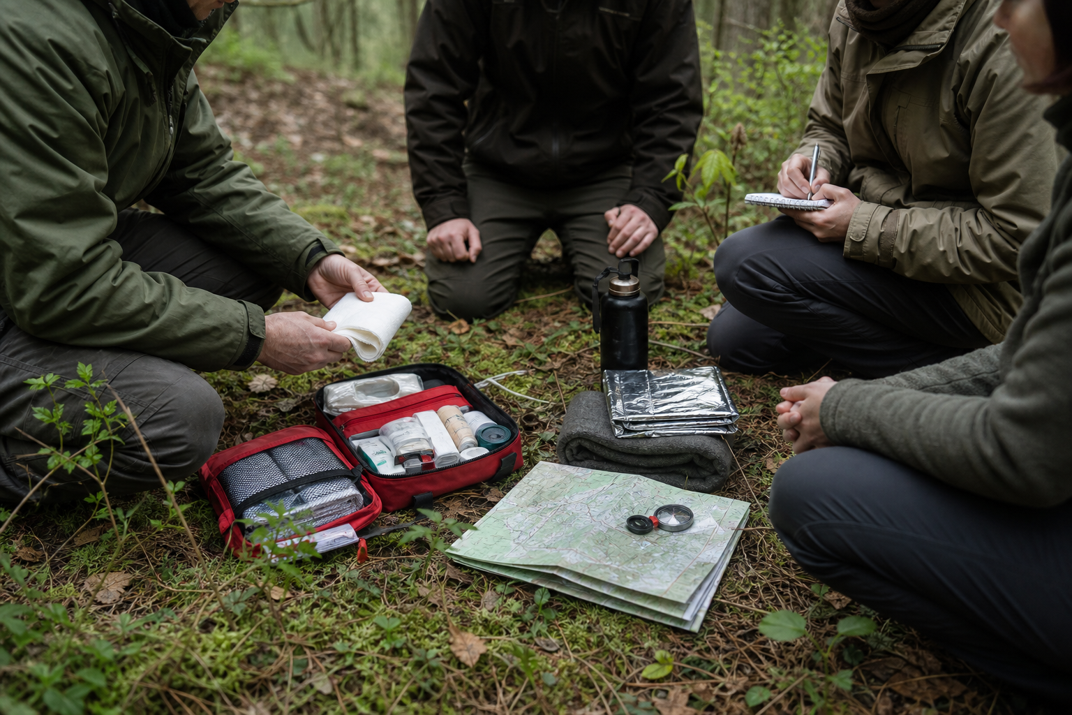 Erste-Hilfe- und Notfallmaterial bei einer Outdoor-Übung