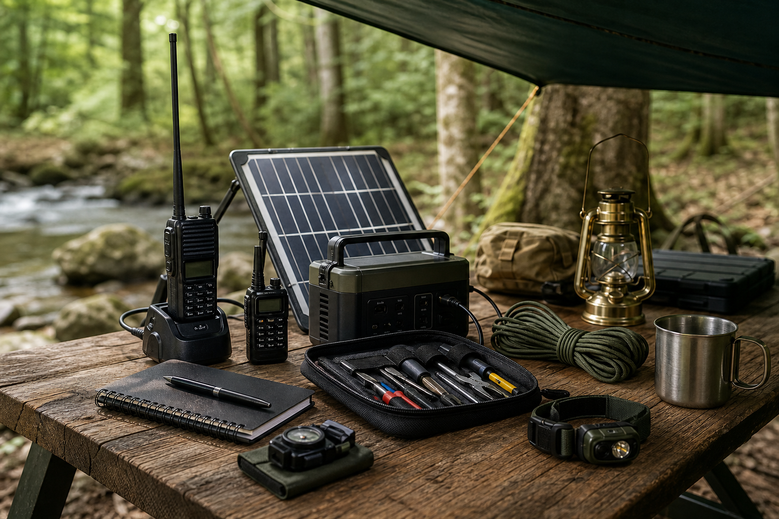 Funkgerät, Solarpanel und Werkzeug auf einem Camp-Tisch