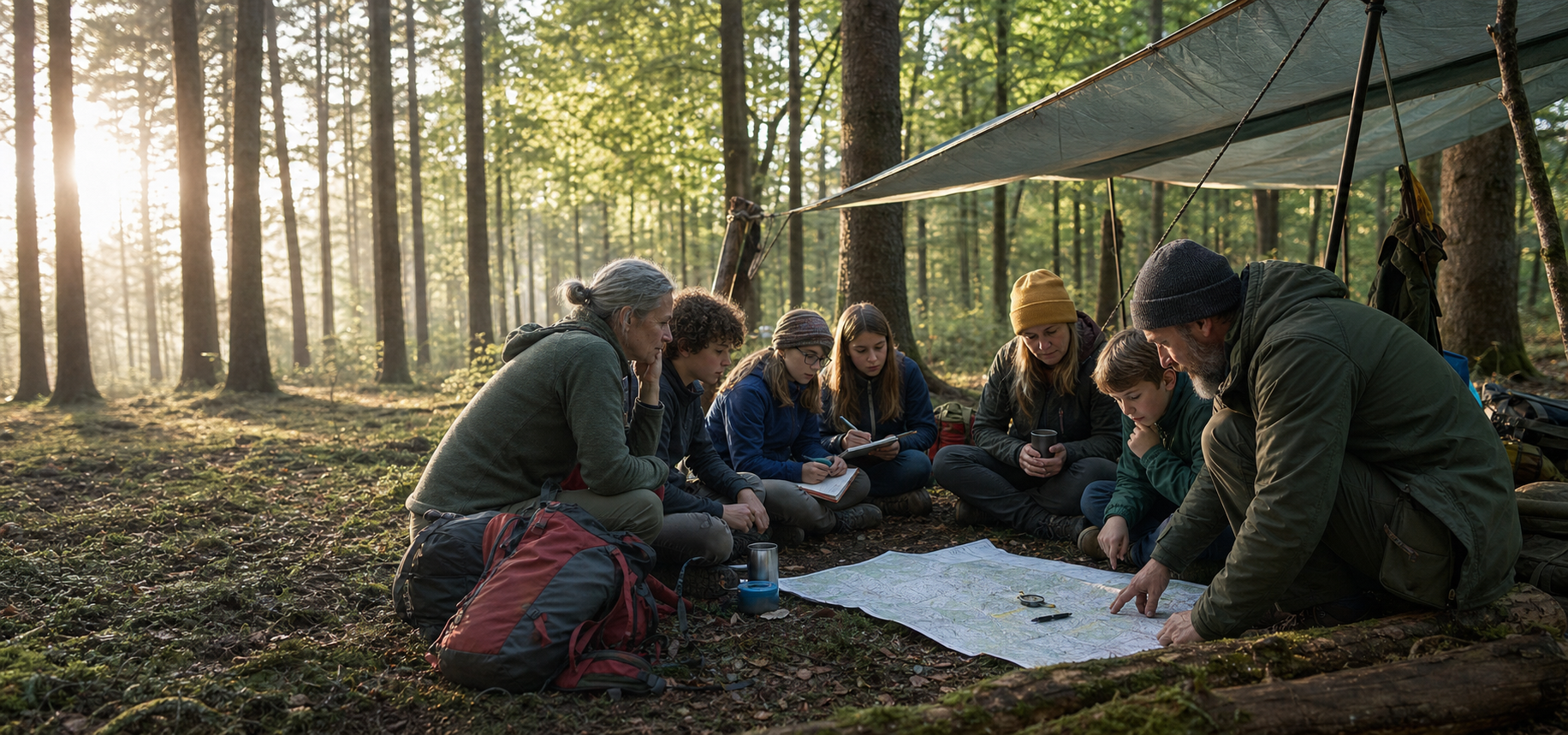Outdoor-Lerngruppe in einem Waldlager bei natürlichem Licht